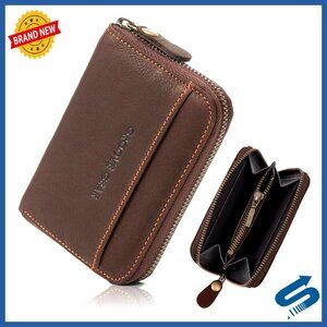 Compact Cowhide Leather Zipper Card Case Wallet Coin Purse Unisex